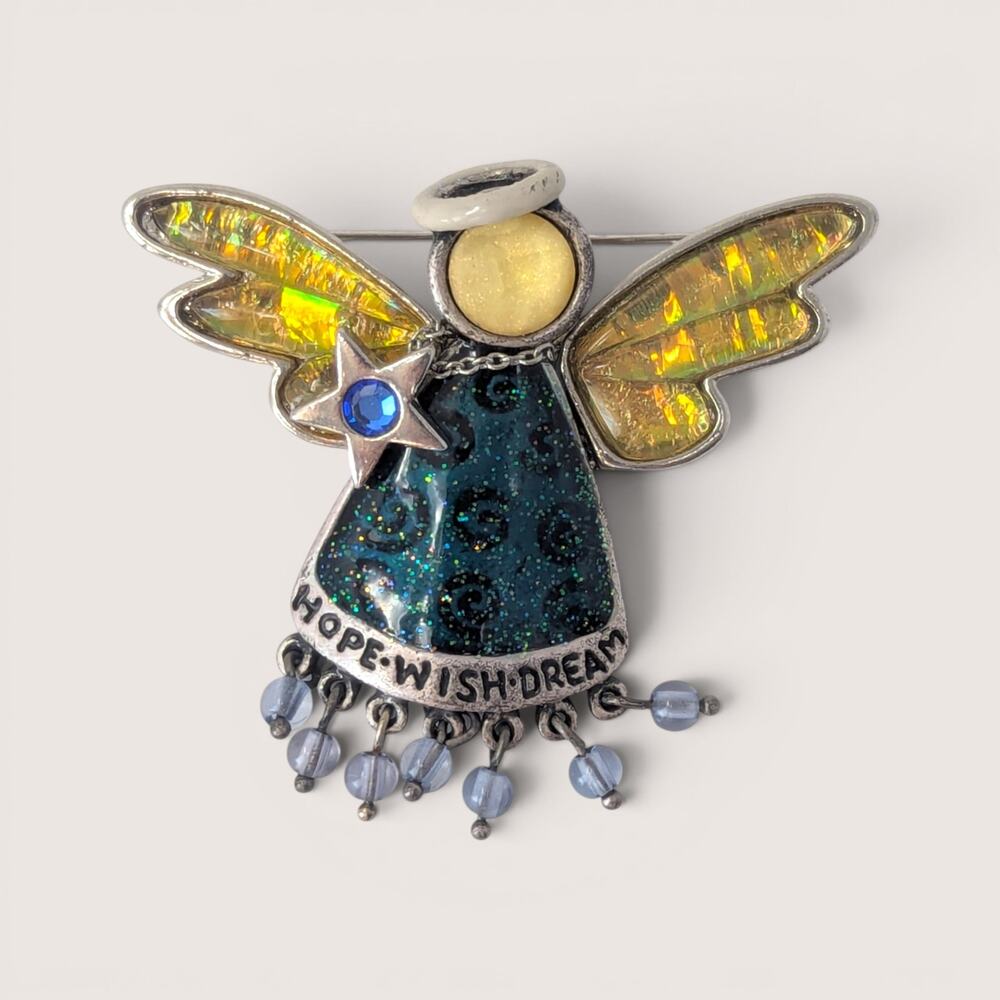 Vintage Enamel Rhinestone Angel Brooch Hope Wish Dream Pin